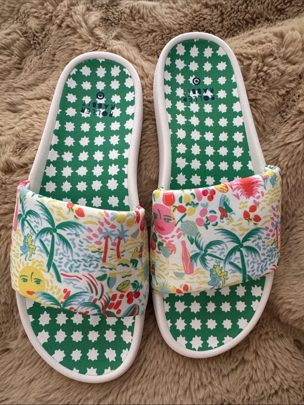 Roller Rabbit Green White Patterned Slide Sandals with Multicolor Tropical Print